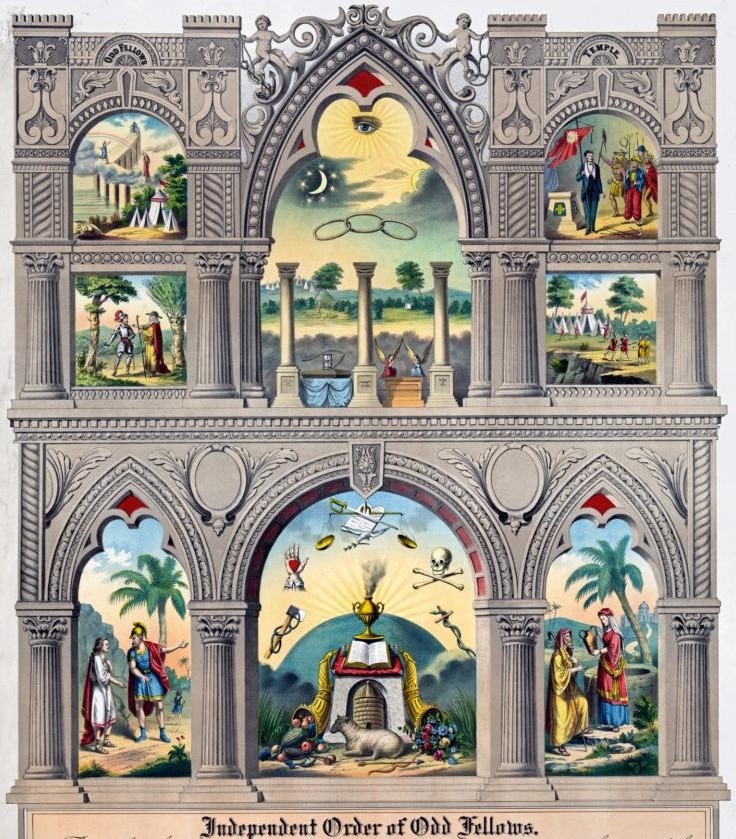 źródło: „The Odd-Fellow’s Manual”, USA 1853 r. (klasyczna plansza symboliczna przedstawiająca strukturę rytualno-inicjacyjną zakonu IOOF)