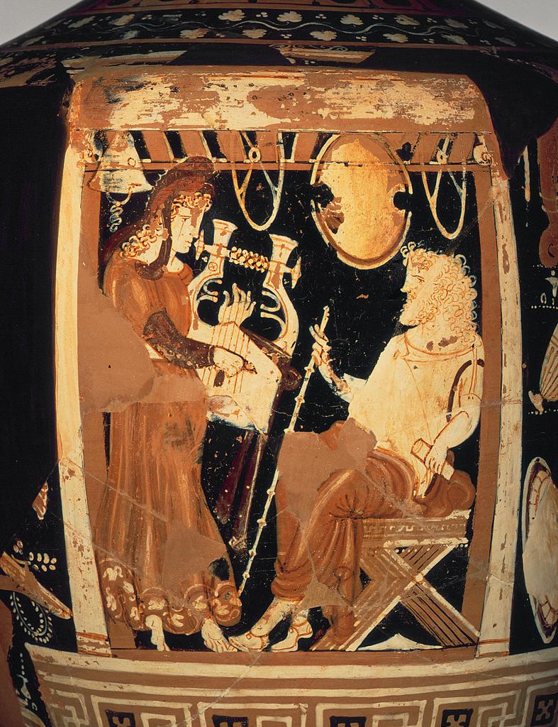 "Naczynie pogrzebowe z Orfeuszem grającym na lirze przed zmarłym", Apulia, 340–320 p.n.e., źródło: https://www.getty.edu/art/exhibitions/ancient_underworld/inner.html?utm_source=chatgpt.com