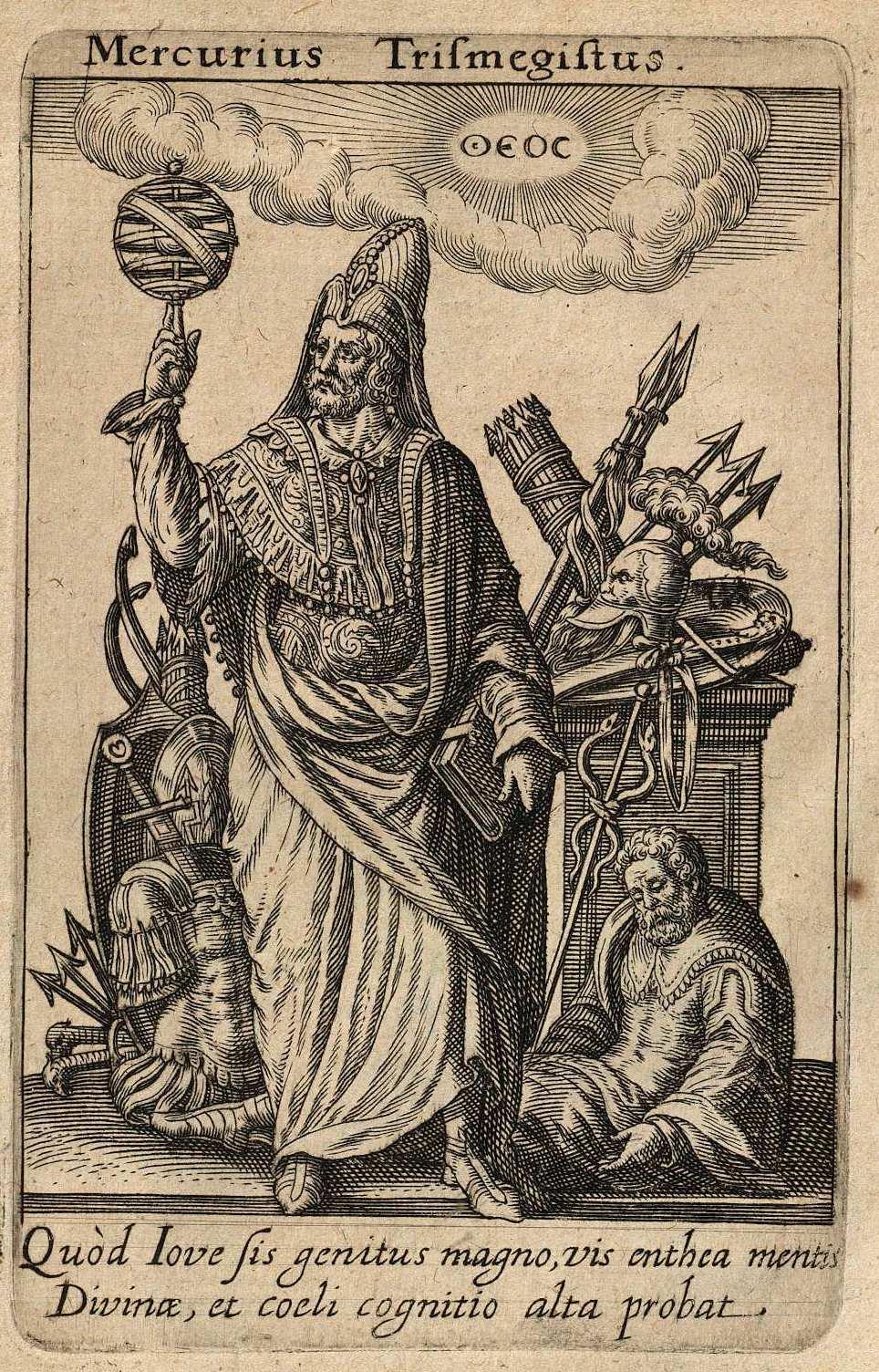 rycina Mercurius Trismegistus autorstwa Jeana-Louisa Duranta, zamieszczona w dziele Pierre'a Mussarda "Historia deorum fatidicorum, vatum, sibyllarum, phoebadum, apud priscos illustrium", Genewa, 1675