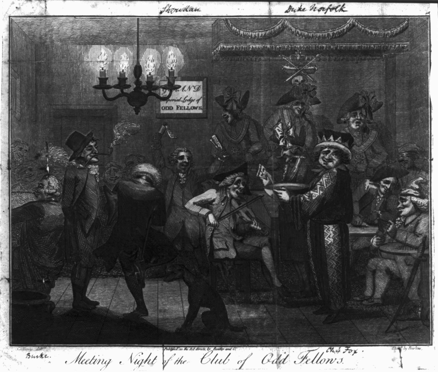 Meeting Night of the Club of Odd Fellows, 1789. Przedstawienie spotkania londyńskiej Imperial Lodge przy The Cock w Old Street Square. Widać na niej między innymi lekarza loży (podobno był nim James Parkinson, choć identyfikacja jego postaci na rycinie nie jest pewna).